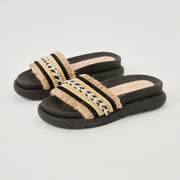SANDALIA PLANA EN TELA COLOR NEGRO X ORO