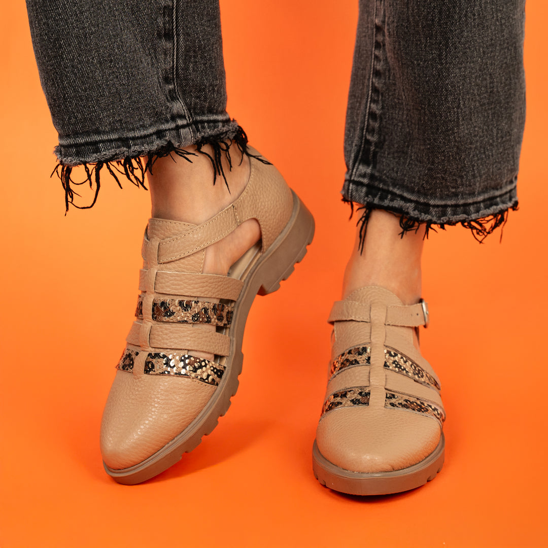 MAFALDA EN CUERO COLOR TAUPE X PRINT