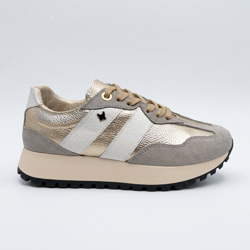 TENIS EN CUERO COLOR ORO X BEIGE