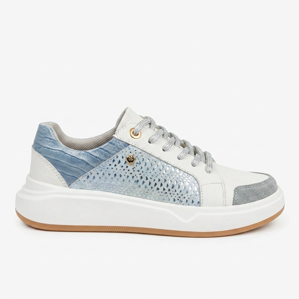 TENIS EN CUERO COLOR BLANCO X AZUL ELEGANTE