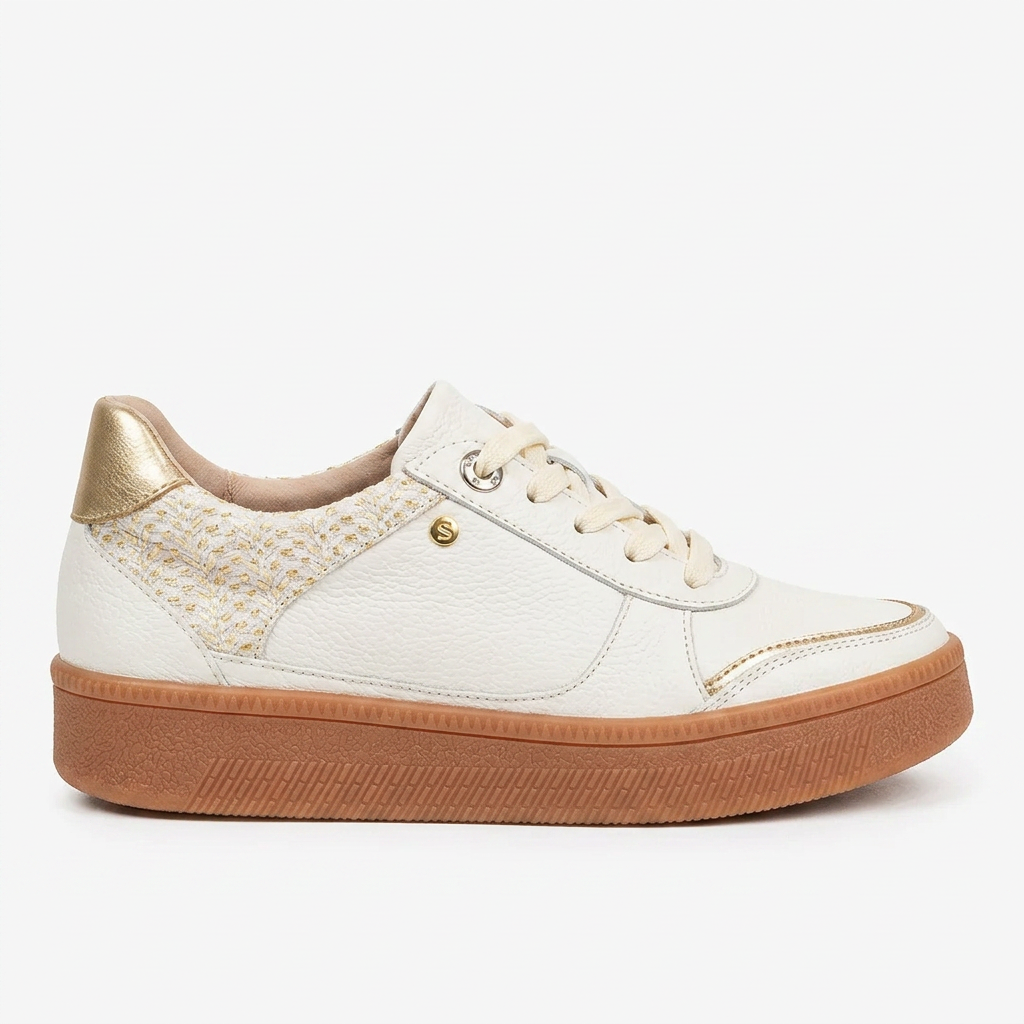 TENIS EN CUERO COLOR BLANCO X ORO MODERNO