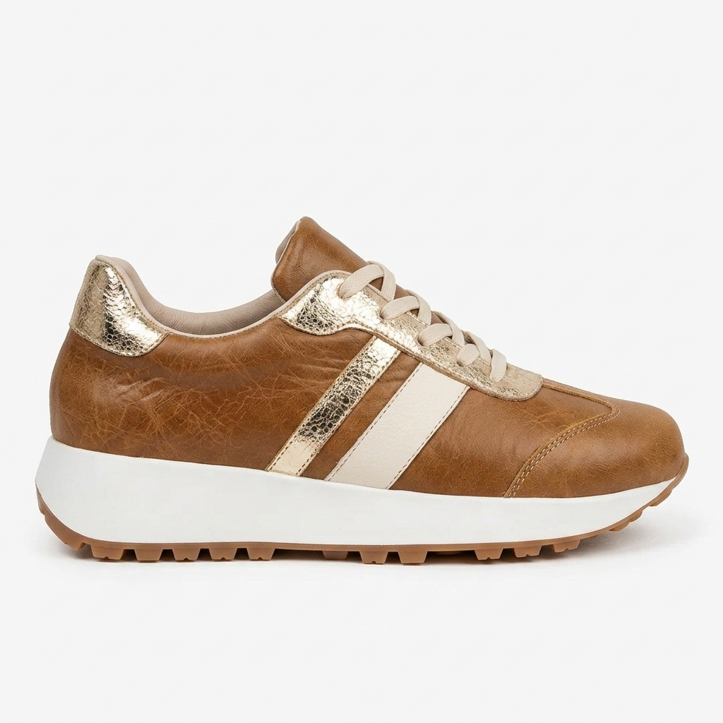 TENIS EN CUERO COLOR MIEL X ORO
