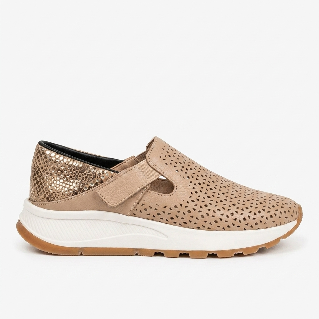 TENIS EN CUERO TROQUELADO COLOR TAUPE