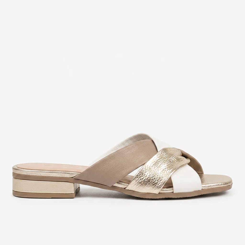 SANDALIA CUERO CRUZADA TALCO CHAMPAÑA CAMEL