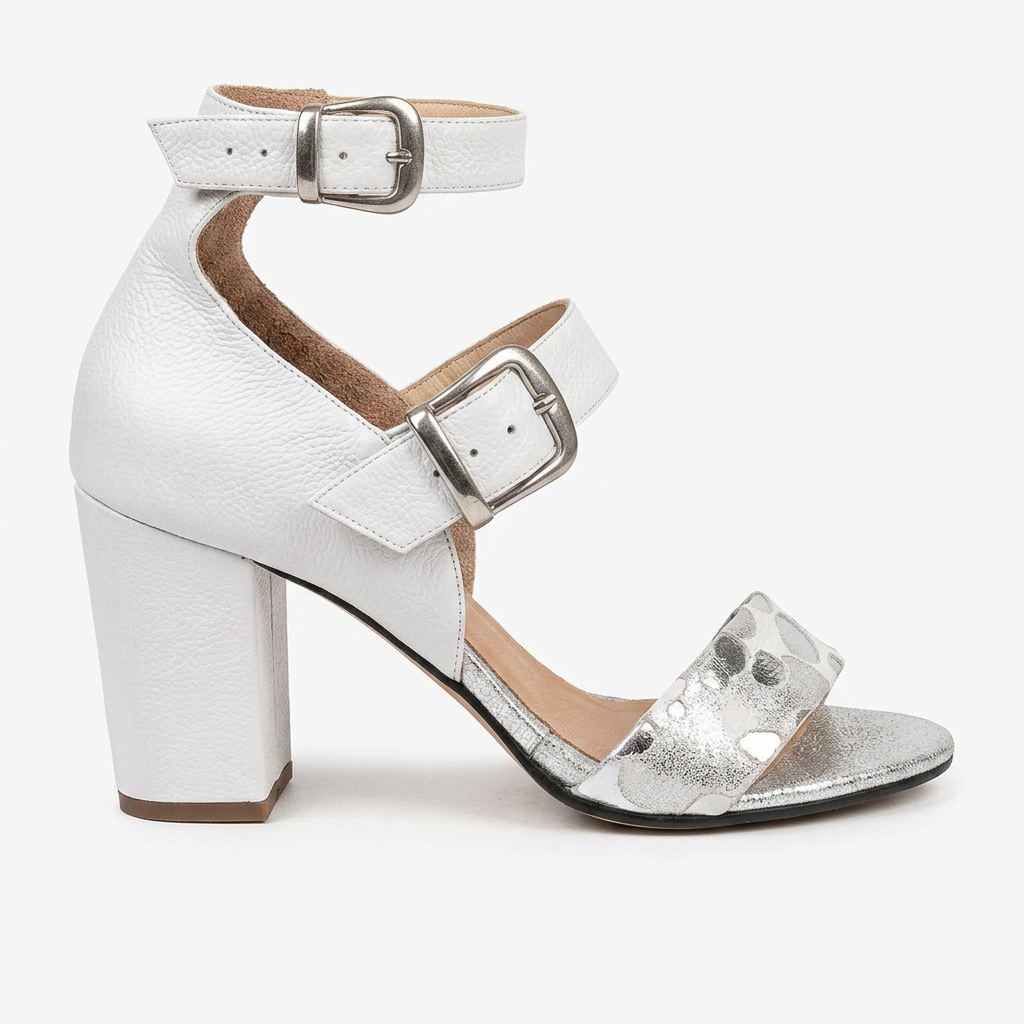 SANDALIA EN CUERO COLOR BLANCO X PLATA ELEGANTE