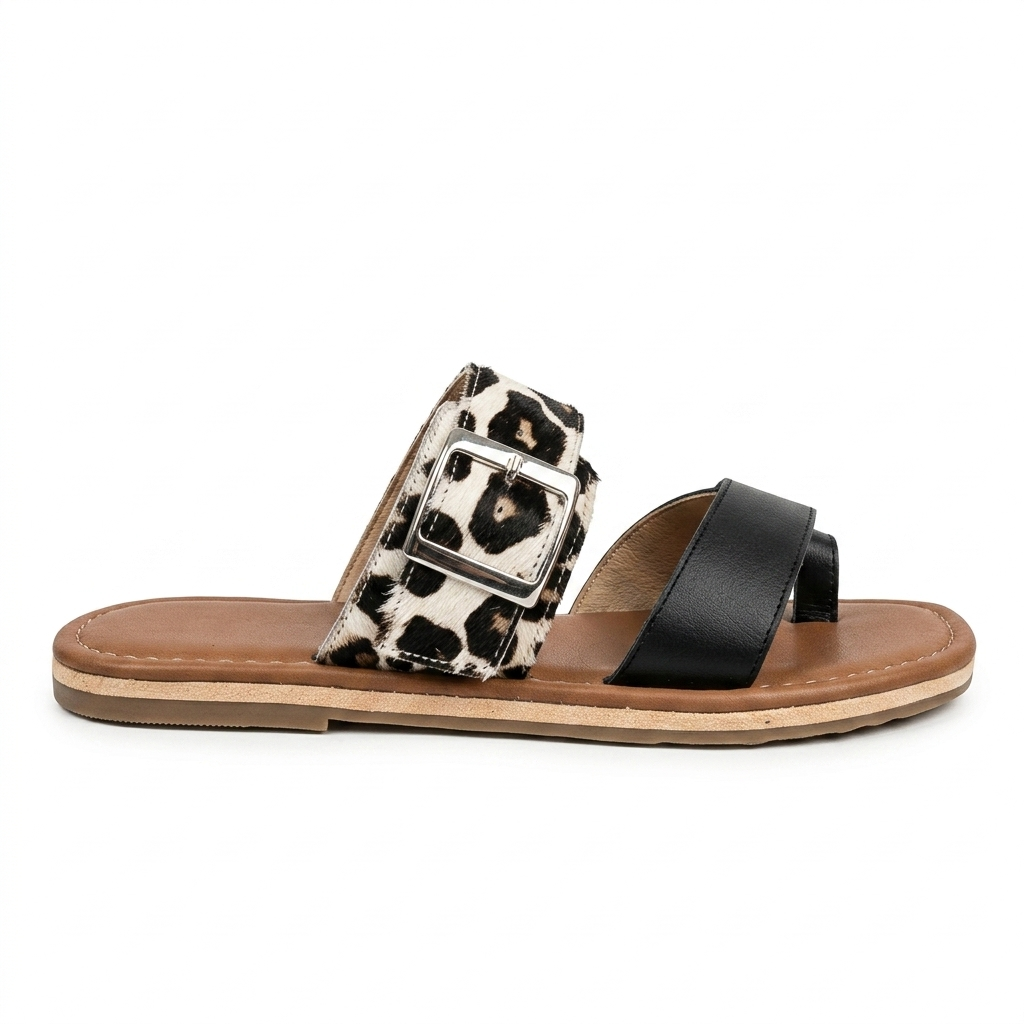 SANDALIA PLANA EN CUERO COLOR PRINT X NEGRO