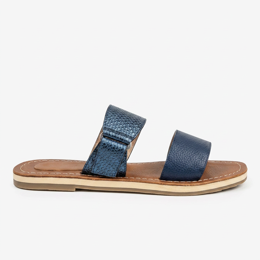 SANDALIA PLANA CUERO 2 TIRAS AZUL