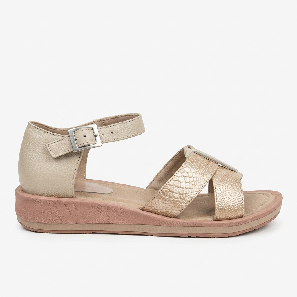 SANDALIA EN CUERO COLOR ORO X TAUPE
