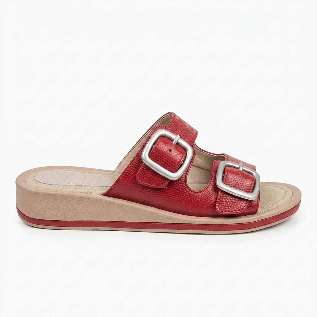 SANDALIA PLANA EN CUERO COLOR ROJO ELEGANTE