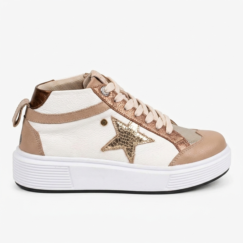 TENIS EN CUERO COLOR BLANCO X ORO ELEGANTE