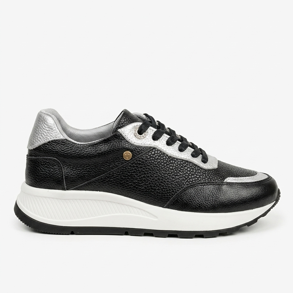 TENIS EN CUERO COLOR NEGRO X PLATA