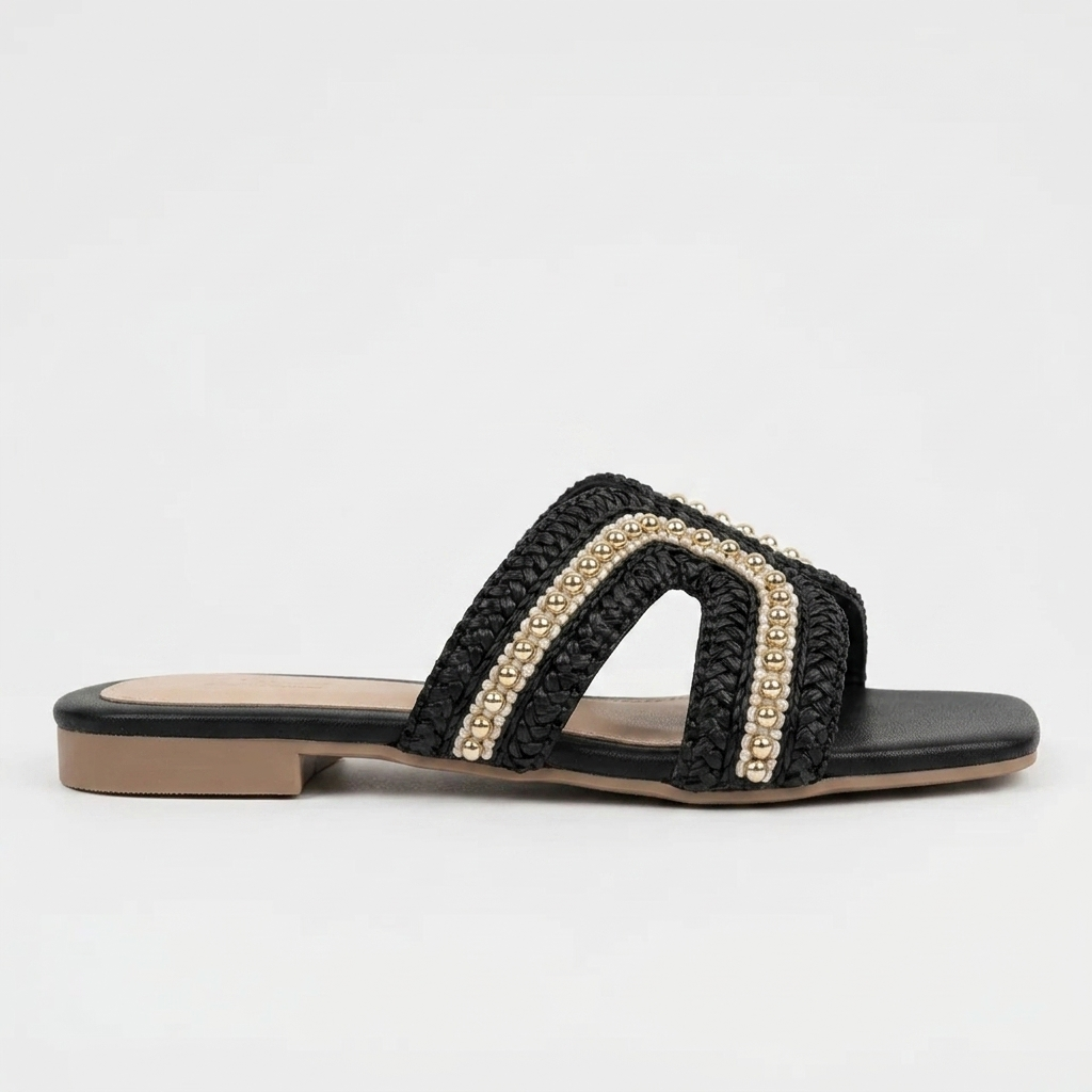 SANDALIA PLANA TIPO CUERO COLOR NEGRO X ORO