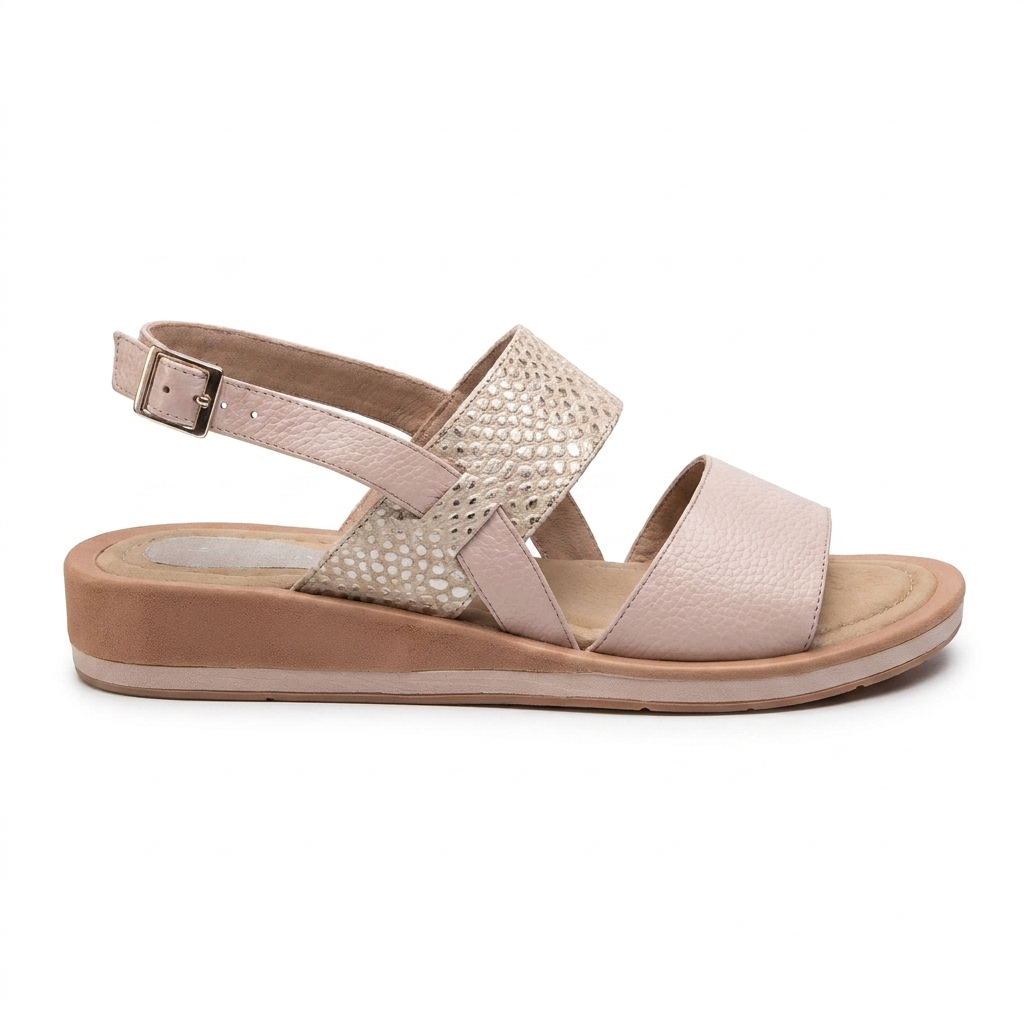 SANDALIA PLANA EN CUERO COLOR BEIGE DISTINTIVO